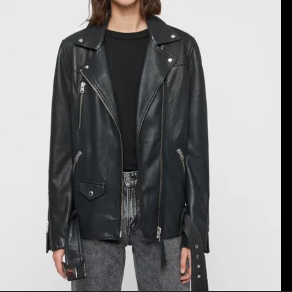 All Saints Eline oversized black leather biker jacket
